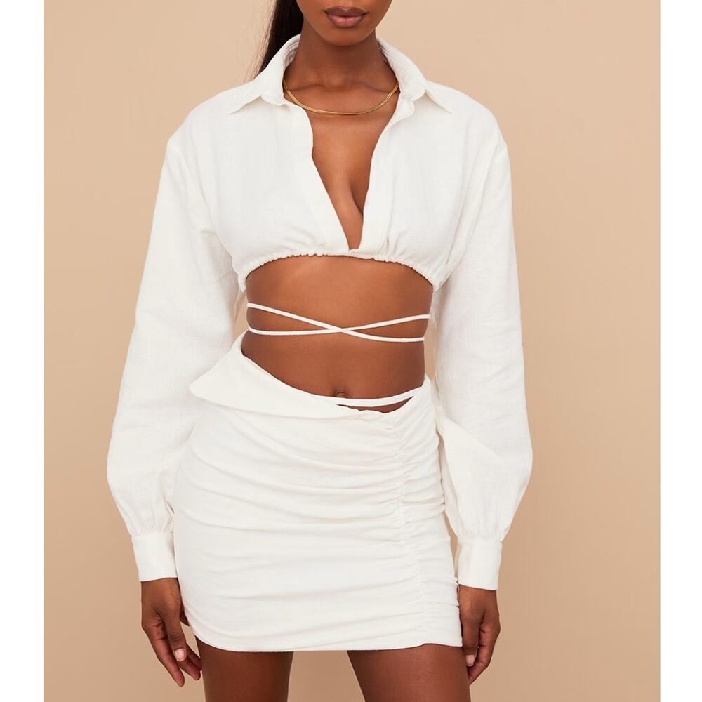 house of cb iris off white linen cotton wrap around cropped shirt top